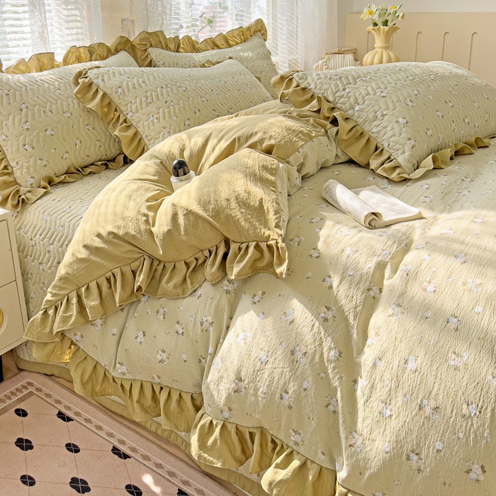 91家纺网 家纺一手货源 找家纺 纽缦家纺2025新款云感提花双层纱床盖韩版四件套 落日暮年绿