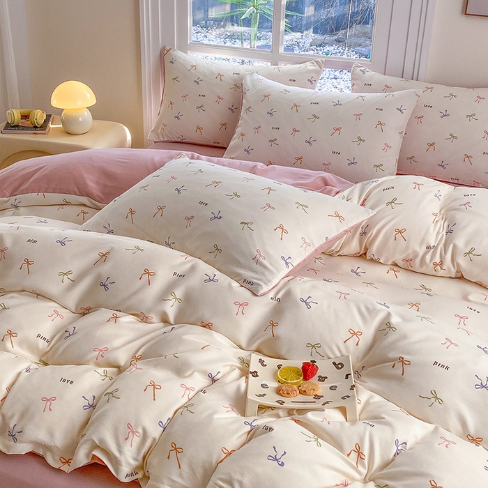 91家纺网 家纺一手货源 找家纺 富缦庭2025新款A类针织双层纱四件套彩色蝴蝶结