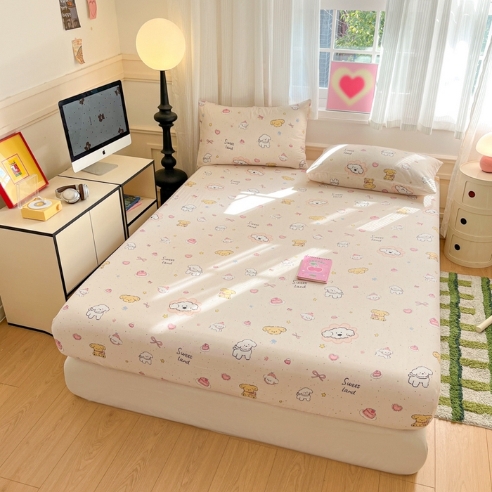 91家纺网 家纺一手货源 找家纺 博雅 2025新款全棉A类双层纱床笠 快乐修狗