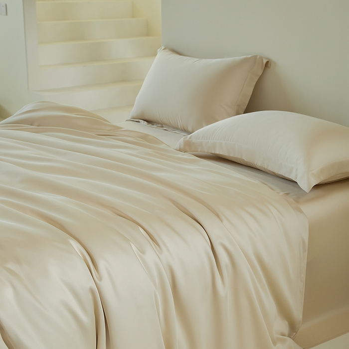 91家纺网 家纺一手货源 找家纺 618家纺 2025新款60SA类100支纯色系列进口兰精天丝四件套 奶米杏