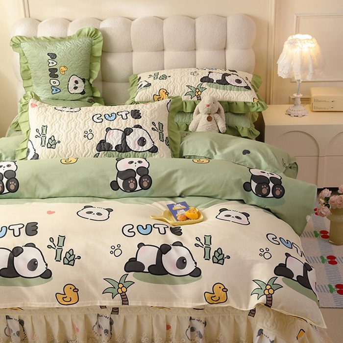 91家纺网 家纺一手货源 找家纺 美达家纺2025新款全棉蕾丝边单床盖四件套 熊猫戏水