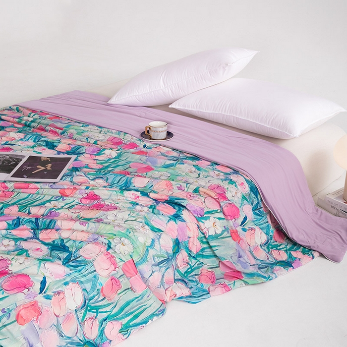 91家纺网 家纺一手货源 找家纺 睡棉坊2025新款数码印花高克重凉感丝夏凉被呱呱被10%大豆纤维填充带质检报告 郁情粉