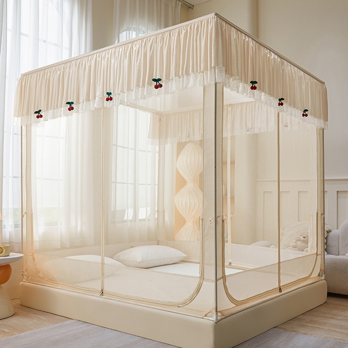 91家纺网 家纺一手货源 找家纺 青竹苑2025新款花边款床笠底防摔坐床蚊帐-樱桃 樱桃-米杏