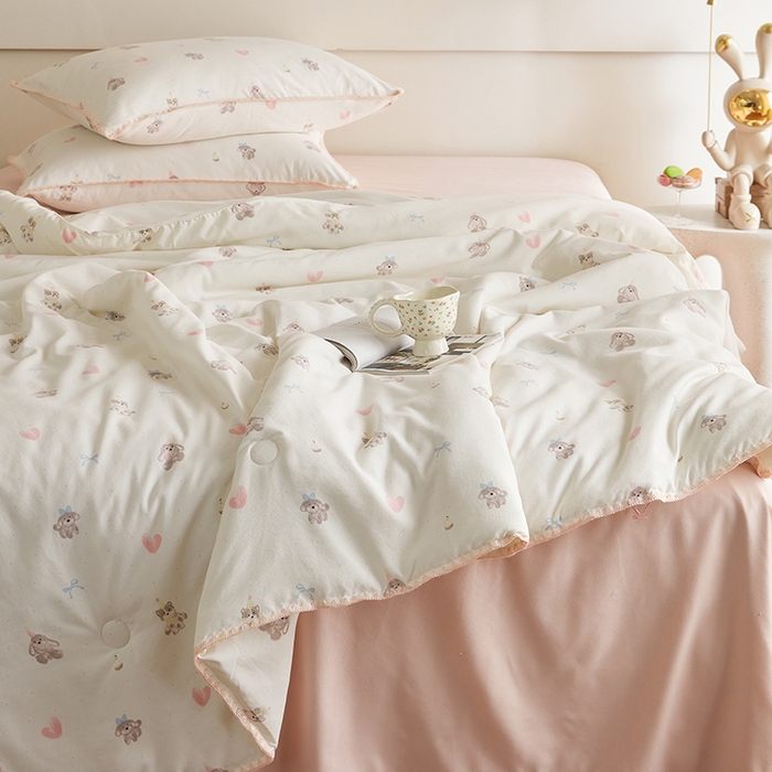 91家纺网 家纺一手货源 找家纺 暖阳 2025年新款大豆双层纱夏被四件套 美娜