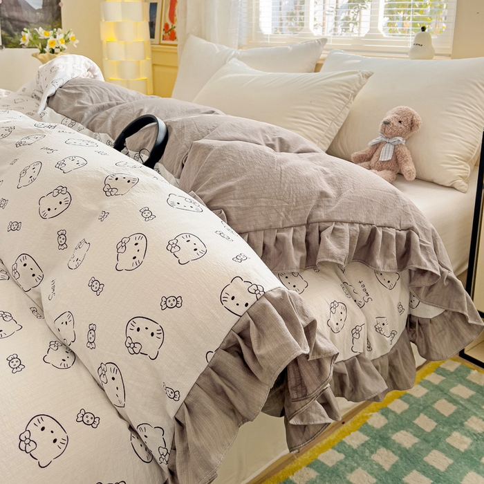 91家纺网 家纺一手货源 找家纺 纽缦家纺 2025新款云感提花双层纱韩版被套 猫咪恋人