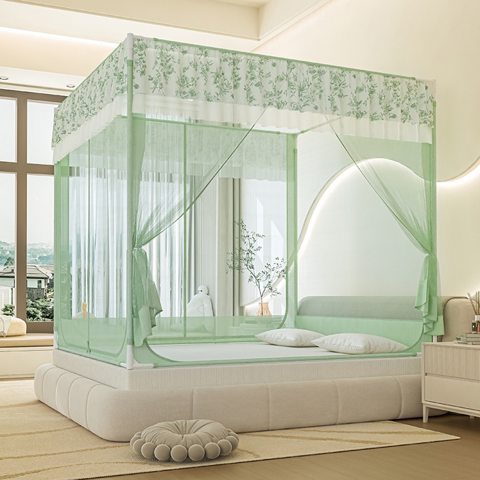 91家纺网 家纺一手货源 找家纺 青竹苑2025新款花边款床笠底防摔坐床蚊帐-伊甸园 伊甸园-瓦松绿