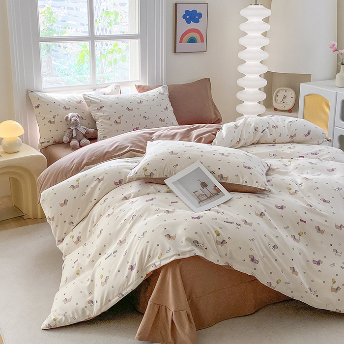 91家纺网 家纺一手货源 找家纺 富缦庭2025新款A类针织双层纱四件套花丛狗