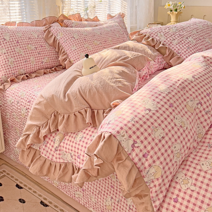 91家纺网 家纺一手货源 找家纺 纽缦家纺2025新款云感提花双层纱床盖韩版四件套 猫猫晚宴