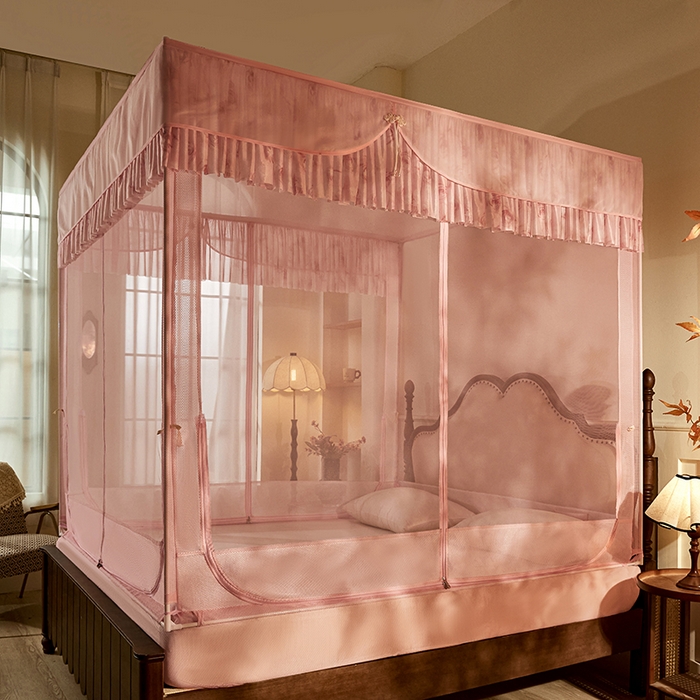 91家纺网 家纺一手货源 找家纺 青竹苑2025新款花边款床笠底防摔坐床蚊帐-雅致 雅致-樱花粉