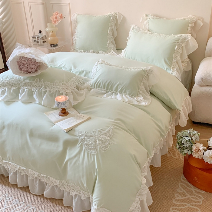 91家纺网 家纺一手货源 找家纺 吾欢心2025新款糯小棉立体蝴蝶花边套件-蝶恋花系列 蝶恋花绿