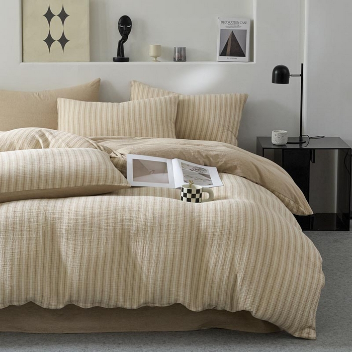 91家纺网 家纺一手货源 找家纺 AB家纺 2025新款三层款皱皱纱条纹四件套 小半-奶茶棕