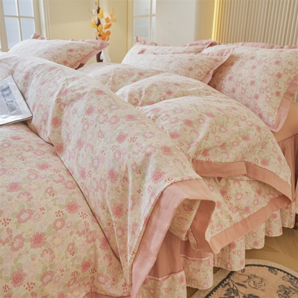 缦彩 【加微信送买家秀】2025新款母婴级双层纱宽边床裙四件套 怦然心动