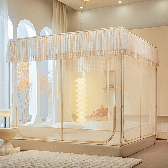 91家纺网 家纺一手货源 找家纺 青竹苑2025新款花边款床笠底防摔坐床蚊帐-格格巫 格格巫-米杏