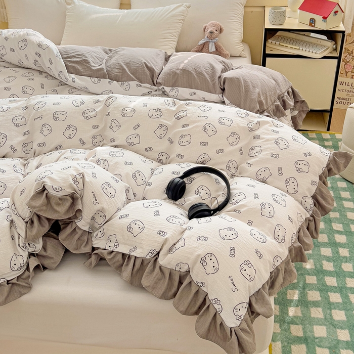 91家纺网 家纺一手货源 找家纺 纽缦家纺 2025新款云感提花双层纱韩版被套 猫咪恋人