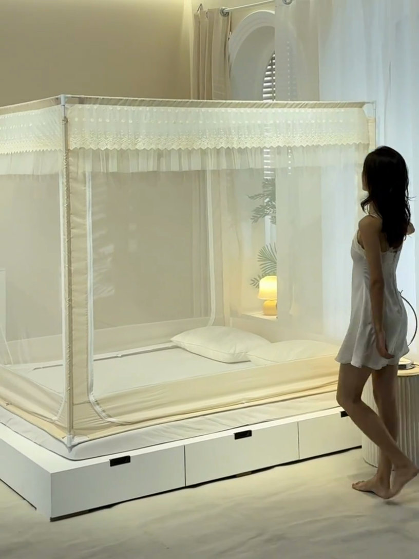 91家纺网 家纺一手货源 找家纺 青竹苑2025新款花边款床笠底防摔坐床蚊帐-铃兰花开 铃兰花开-米色