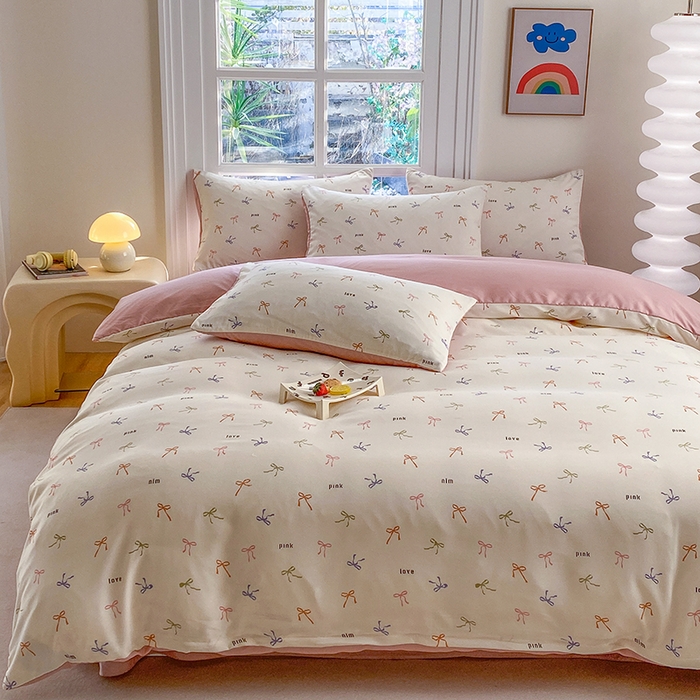 91家纺网 家纺一手货源 找家纺 富缦庭2025新款A类针织双层纱四件套彩色蝴蝶结