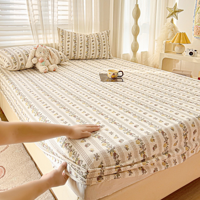 91家纺网 家纺一手货源 找家纺 纽缦家纺 2025新款云感提花双层纱床笠 玫瑰哒