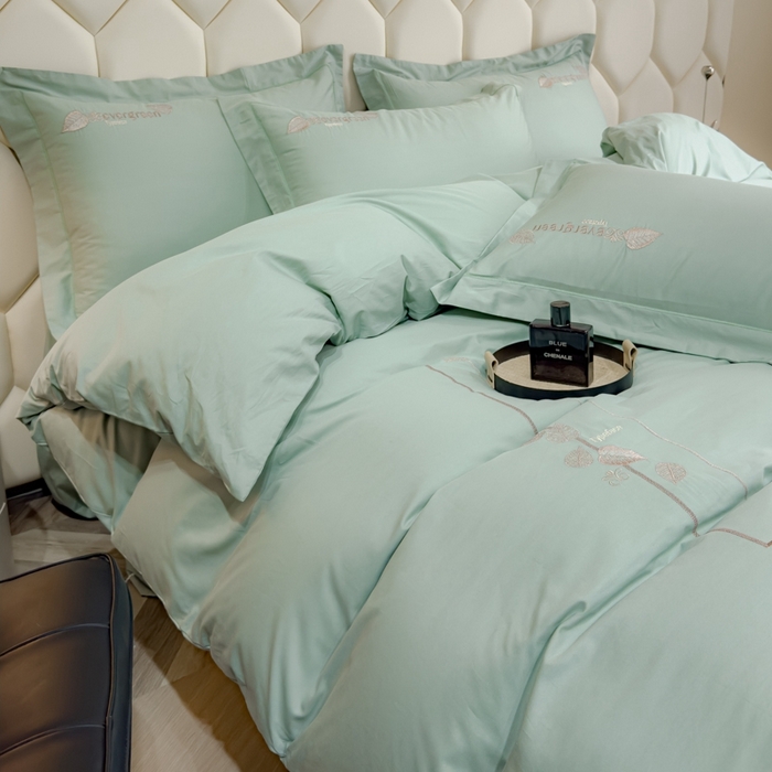 91家纺网 家纺一手货源 找家纺 U品汇  2025新款纯棉全棉长绒棉刺绣绣花高端礼盒四件套-叶夕 花晨叶夕-冰川绿