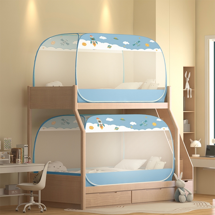 91家纺网 家纺一手货源 找家纺 青竹苑2025新款大顶学生蒙古包子母床魔术蚊帐 太空蓝