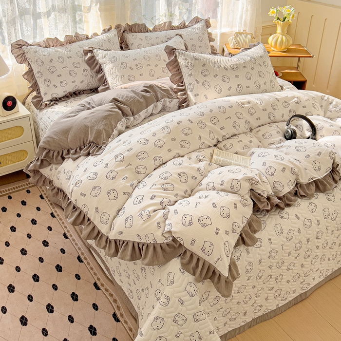 91家纺网 家纺一手货源 找家纺 纽缦家纺2025新款云感提花双层纱床盖韩版四件套 猫咪恋人