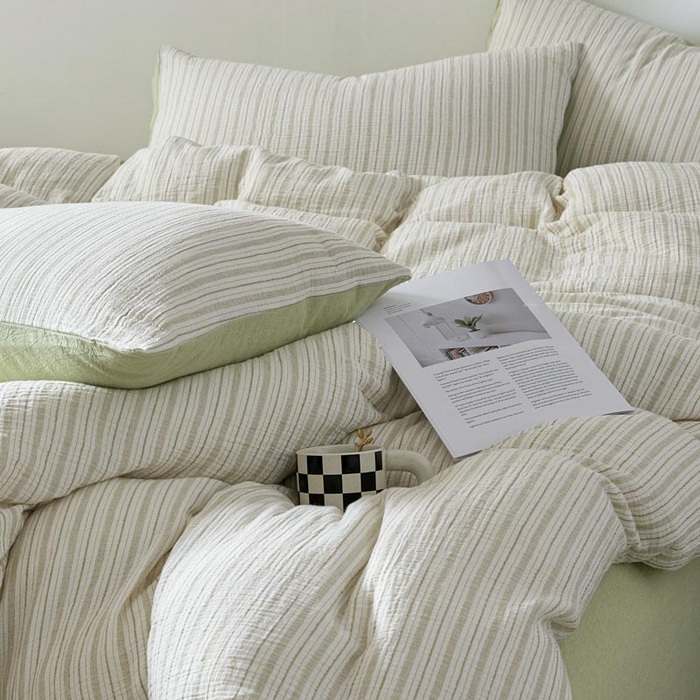 91家纺网 家纺一手货源 找家纺 AB家纺 2025新款三层款皱皱纱条纹四件套 小半-浅绿