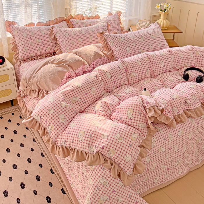 91家纺网 家纺一手货源 找家纺 纽缦家纺2025新款云感提花双层纱床盖韩版四件套 猫猫晚宴