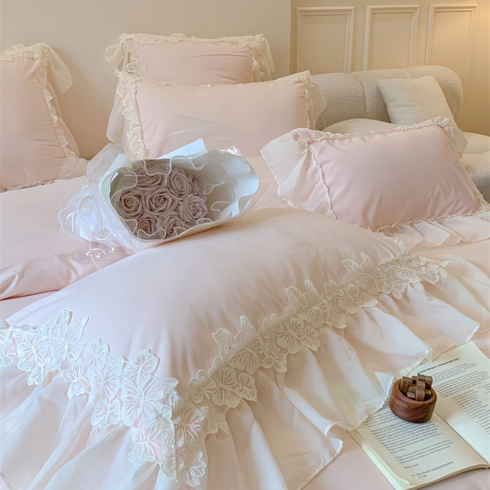 91家纺网 家纺一手货源 找家纺 吾欢心2025新款糯小棉立体蝴蝶花边套件-蝶恋花系列 蝶恋花粉