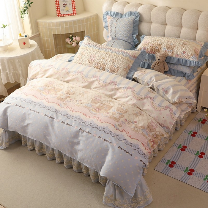 91家纺网 家纺一手货源 找家纺 美达家纺2025新款全棉蕾丝边单床盖四件套 熊仔派对