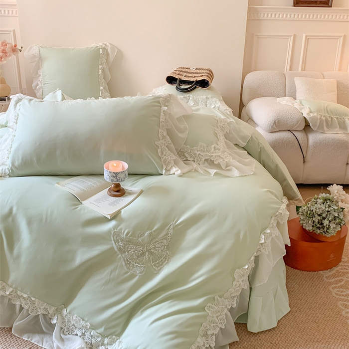 91家纺网 家纺一手货源 找家纺 吾欢心2025新款糯小棉立体蝴蝶花边套件-蝶恋花系列 蝶恋花绿