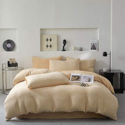 91家纺网 家纺一手货源 找家纺 AB家纺 2025新款三层款皱皱纱条纹四件套 小半-桔黄