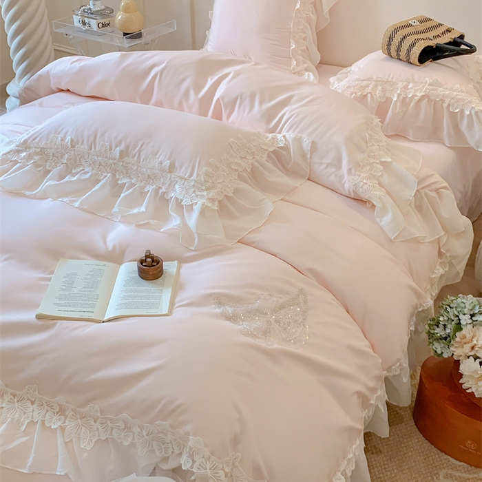 91家纺网 家纺一手货源 找家纺 吾欢心2025新款糯小棉立体蝴蝶花边套件-蝶恋花系列 蝶恋花粉