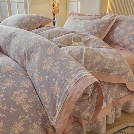 91家纺网 家纺一手货源 找家纺 缦彩 【加微信送买家秀】2025新款母婴级双层纱宽边床裙四件套 玛德琳娜