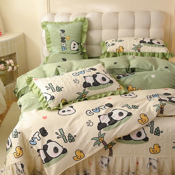 91家纺网 家纺一手货源 找家纺 美达家纺2025新款全棉蕾丝边单床盖四件套 熊猫戏水