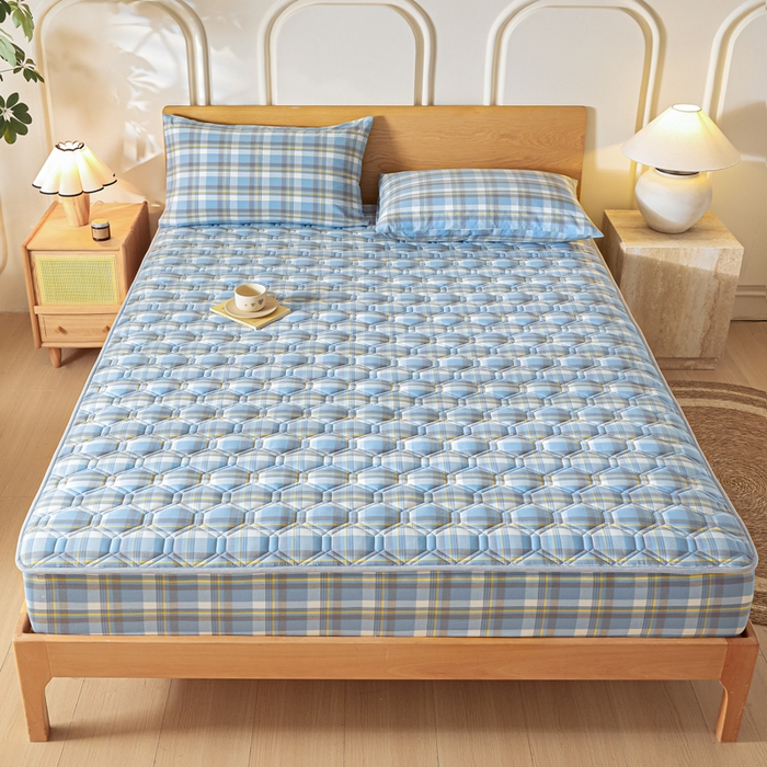 91家纺网 家纺一手货源 找家纺 雪云美2025新款A类全棉色织水洗棉夹棉床笠大豆床罩床垫保护套可定制 莫尼 蓝