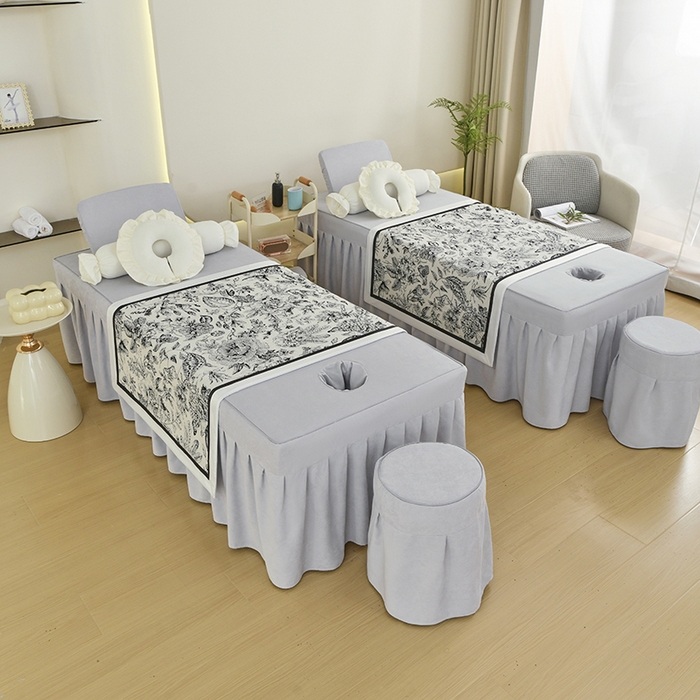 91家纺网 家纺一手货源 找家纺 不打烊家纺 2025新款贡缎绣花熊猫系列美容床罩 绿色拼灰色