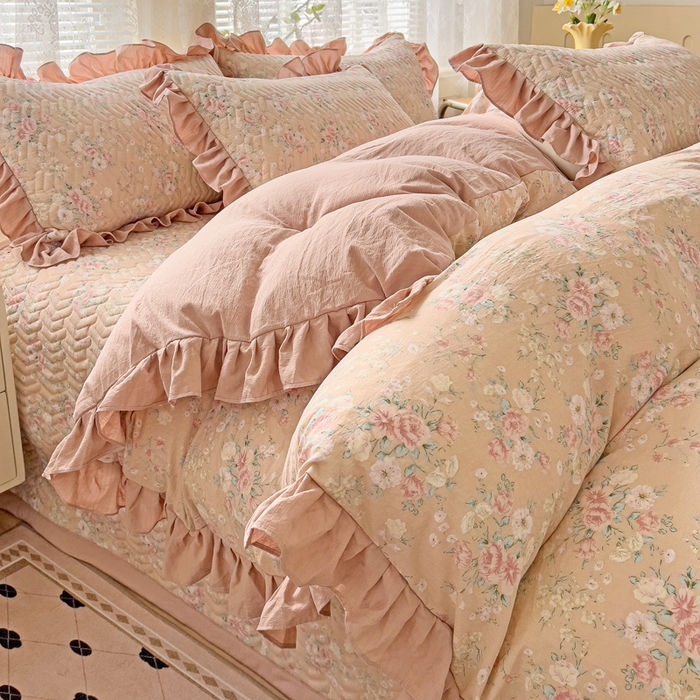 91家纺网 家纺一手货源 找家纺 纽缦家纺2025新款云感提花双层纱床盖韩版四件套 爱如星辰