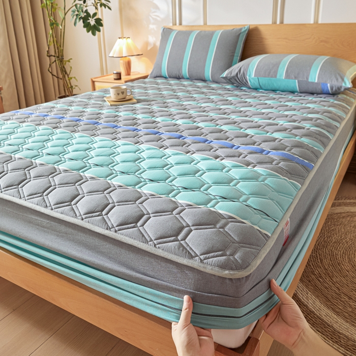 91家纺网 家纺一手货源 找家纺 雪云美2025新款A类全棉色织水洗棉夹棉床笠大豆床罩床垫保护套可定制 江南 灰