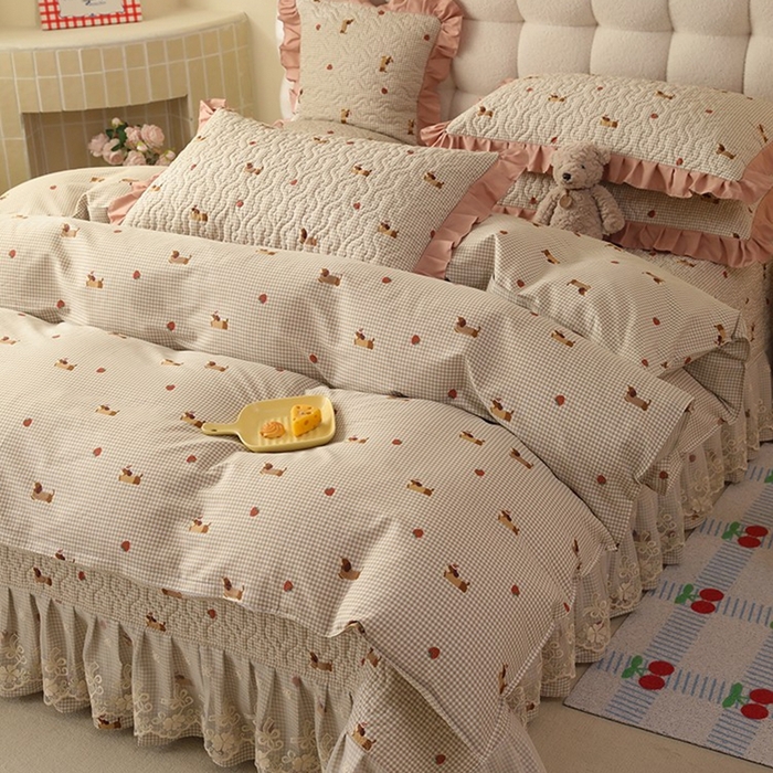 91家纺网 家纺一手货源 找家纺 美达家纺2025新款全棉蕾丝边单床盖四件套 快乐追梦