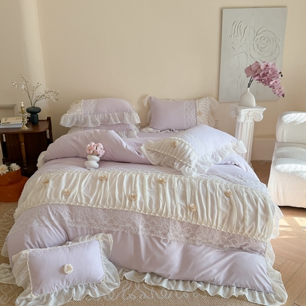 吾欢心2025新款花田里糯小棉立体定制花朵定制蕾丝花边四件套 花田里紫