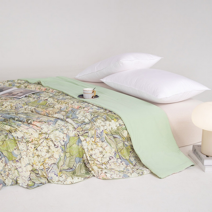 91家纺网 家纺一手货源 找家纺 睡棉坊2025新款数码印花高克重凉感丝夏凉被呱呱被10%大豆纤维填充带质检报告 梵高灰