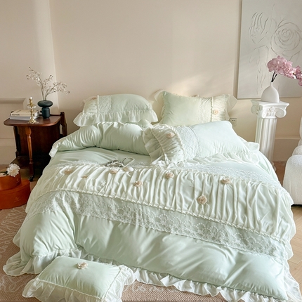 吾欢心2025新款花田里糯小棉立体定制花朵定制蕾丝花边四件套 花田里绿