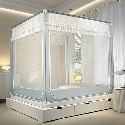 青竹苑2025新款花边款床笠底防摔坐床蚊帐-铃兰花开 铃兰花开-蓝灰