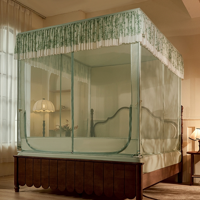 91家纺网 家纺一手货源 找家纺 青竹苑2025新款花边款床笠底防摔坐床蚊帐-伊甸园 伊甸园-瓦松绿