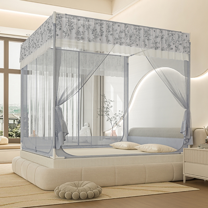 91家纺网 家纺一手货源 找家纺 青竹苑2025新款花边款床笠底防摔坐床蚊帐-伊甸园 伊甸园-蓝灰