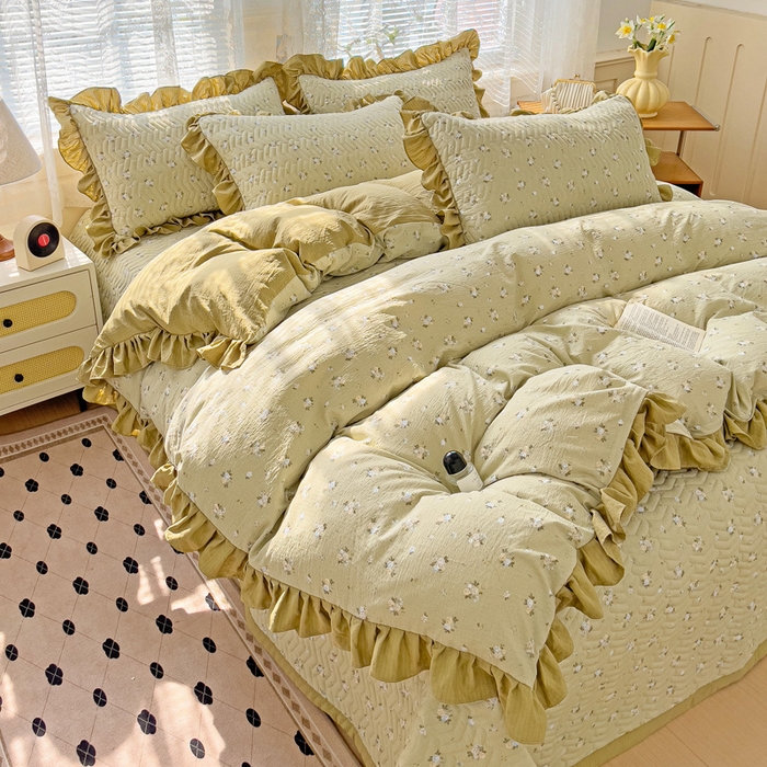 91家纺网 家纺一手货源 找家纺 纽缦家纺2025新款云感提花双层纱床盖韩版四件套 落日暮年绿