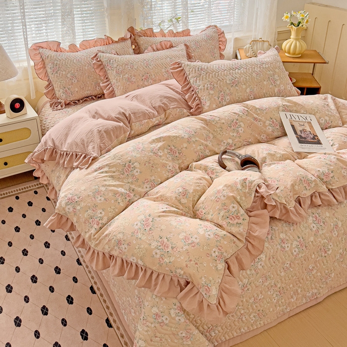 91家纺网 家纺一手货源 找家纺 纽缦家纺2025新款云感提花双层纱床盖韩版四件套 爱如星辰