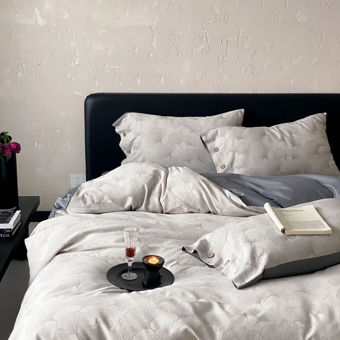 91家纺网 家纺一手货源 找家纺 旷野 2025新款全棉色织提花四件套 银杏-灰