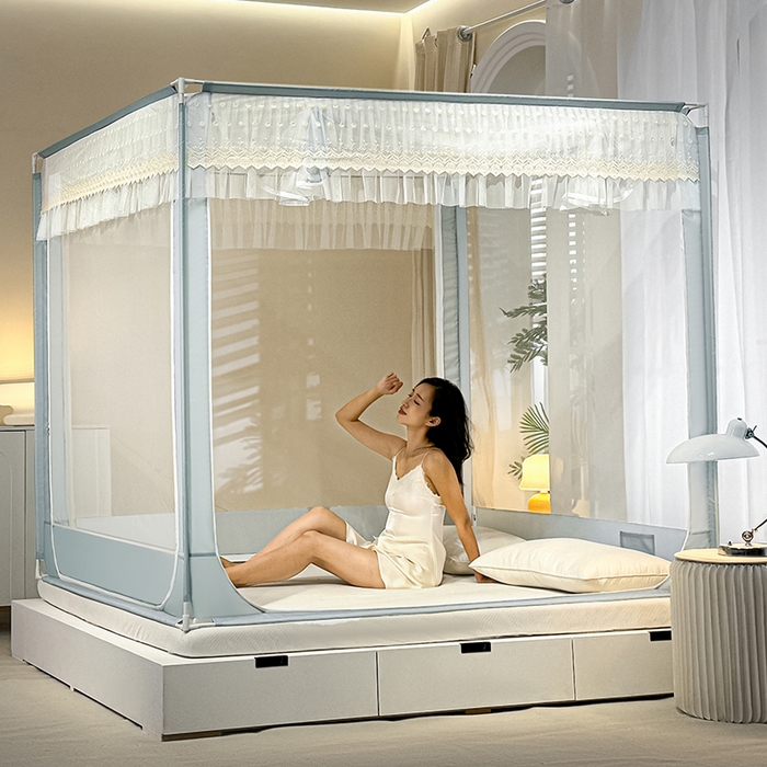 91家纺网 家纺一手货源 找家纺 青竹苑2025新款花边款床笠底防摔坐床蚊帐-铃兰花开 铃兰花开-蓝灰