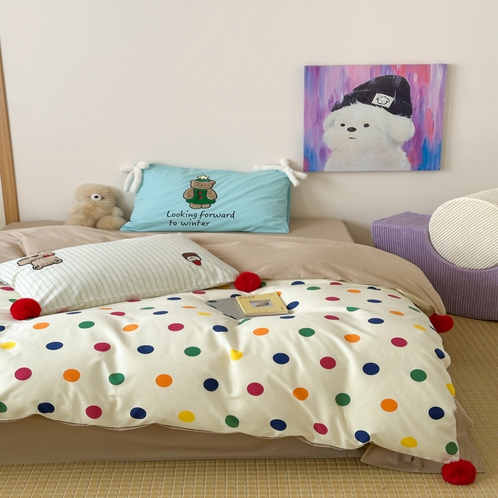 91家纺网 家纺一手货源 找家纺 桔子家纺 2025新款水洗棉蝴蝶结卡通系列 圣诞波点（棉）