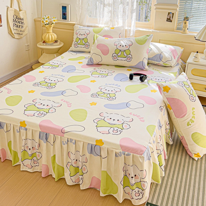 91家纺网 家纺一手货源 找家纺 极梦家纺（支持定制）  2025新款春秋130克加厚植物羊绒磨毛印花单床裙三件套 多彩萌熊